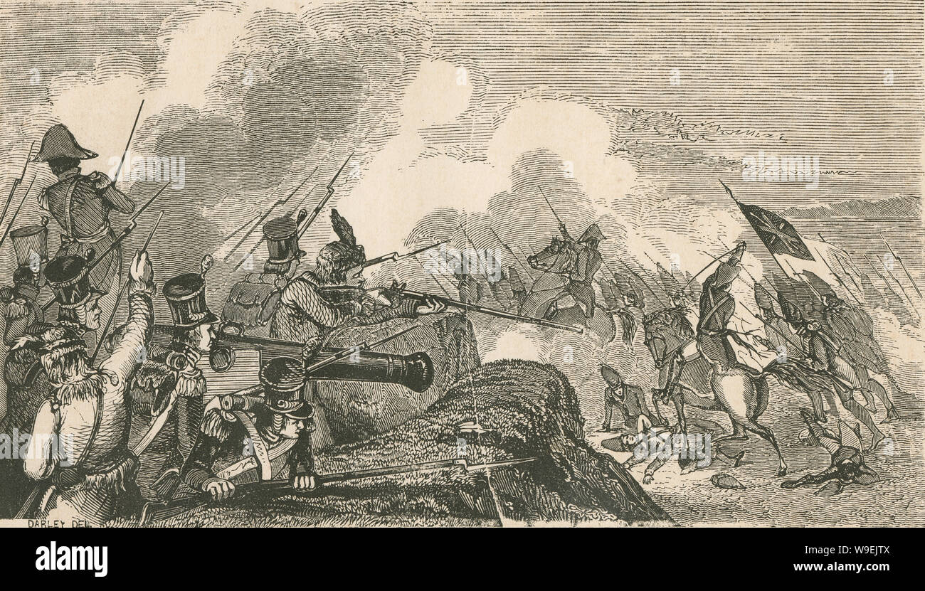 Antike 1873 Gravieren, Schlacht von New Orleans. Die Schlacht von New Orleans wurde am 8. Januar kämpften, 1815 zwischen der britischen Armee unter Major General Sir Edward Pakenham und der United States Army unter Brevet Major General Andrew Jackson. Quelle: original Gravur. Stockfoto