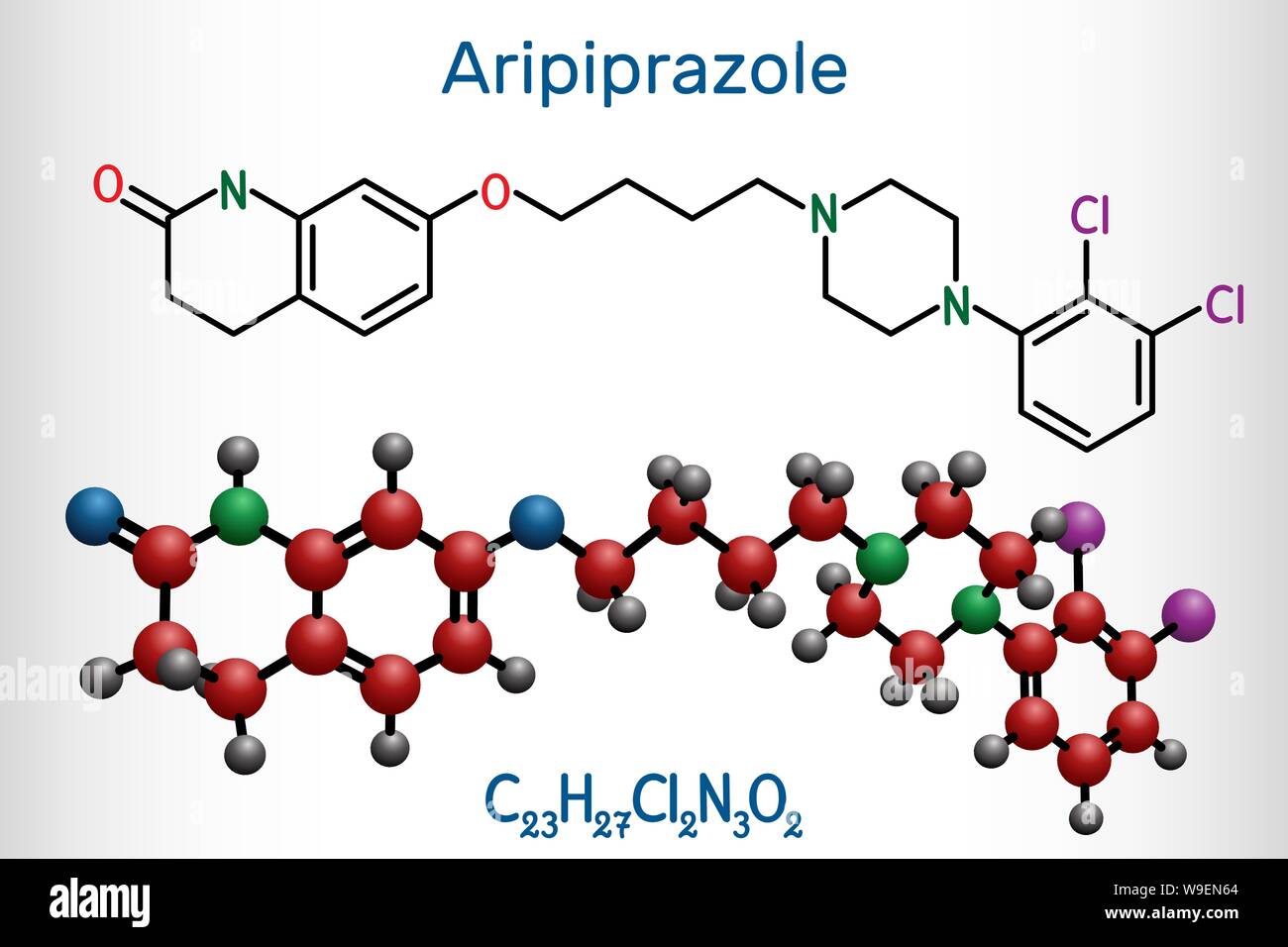 Aripiprazol, Neurotransmitter, atypisches antipsychotisches Rauschgift Molekül. Strukturelle chemische Formel und Molekül-Modell. Vector Illustration Stock Vektor