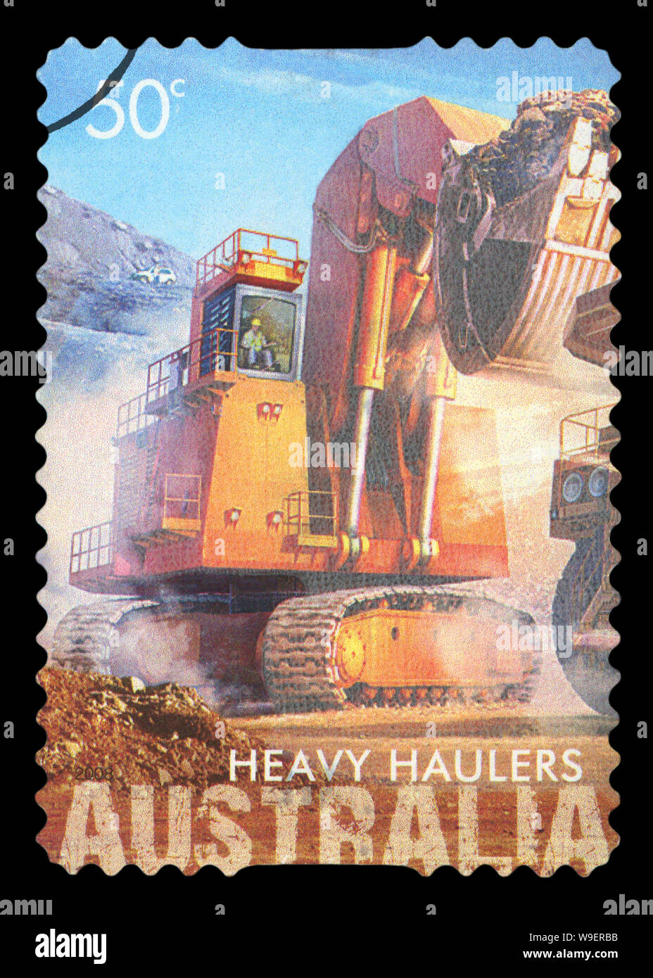 Australien - ca. 2008: Eine australische Briefmarke abgebrochen, schwere Maschinen Bergbau Spediteure, ca. 2008 Stockfoto