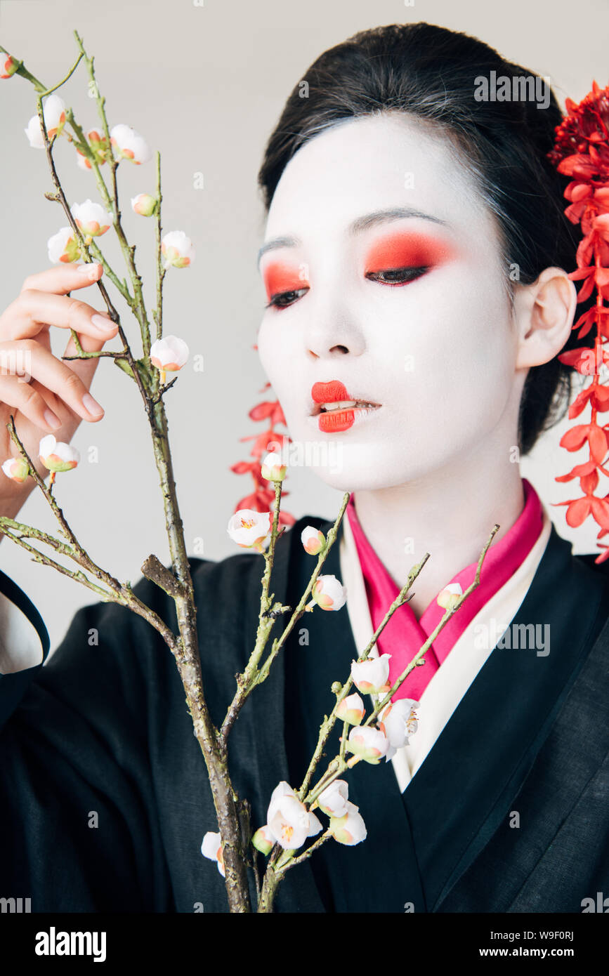 Zweige und wunderschöne Geisha mit roten und weißen Make-up isoliert auf weißem Stockfoto