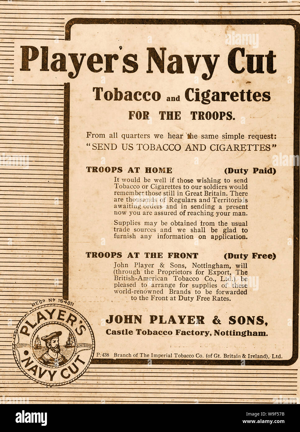 WWI-A 1915 britische Werbespot für Spieler navy cut Zigaretten - Tabak für die Truppen, verzollt oder duty free Stockfoto