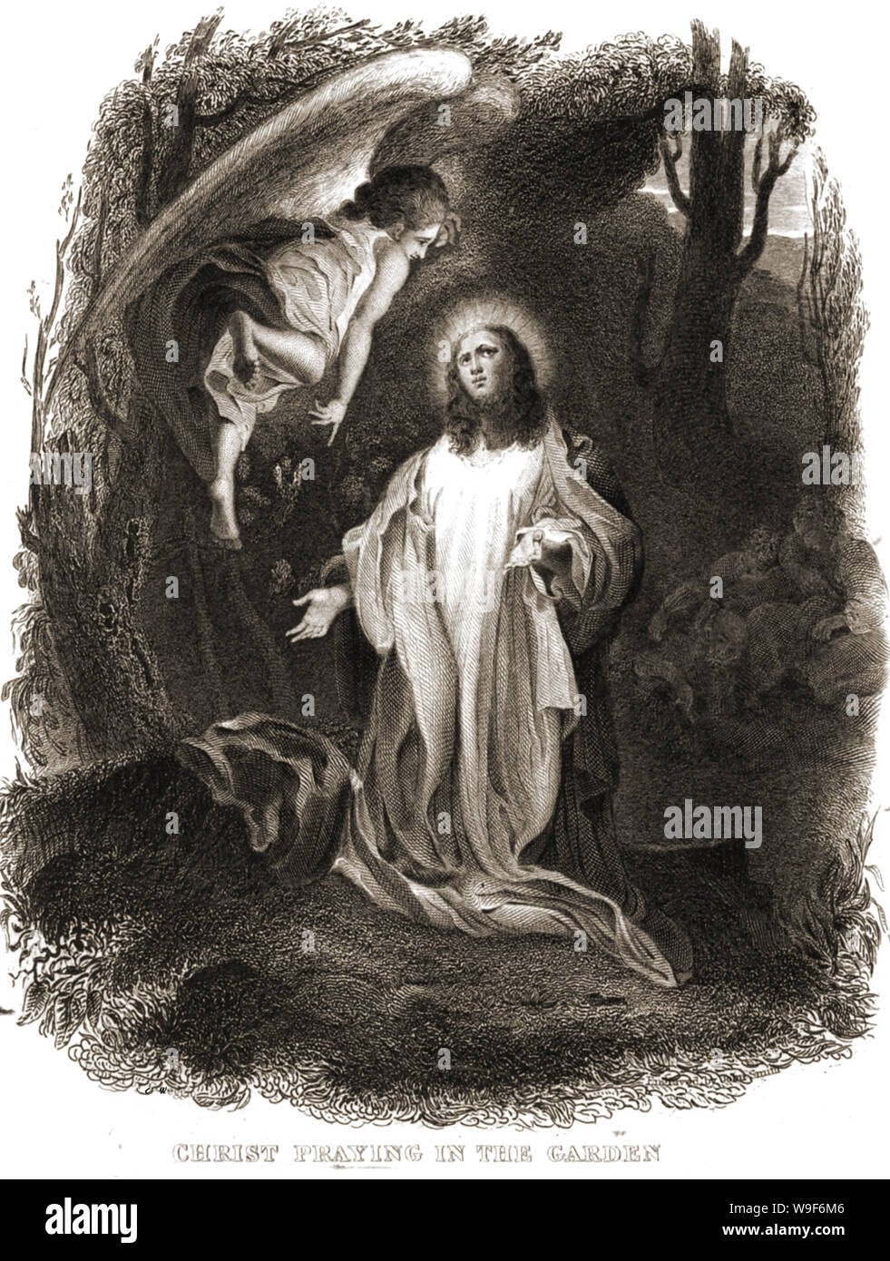 Christentum/ Religion - 1844 Abbildung von Brown's Bibel, Jesus Christus im Garten mit ein Engel schwebt über ihm zu beten. (Die Todesangst im Garten Getsemani) Stockfoto