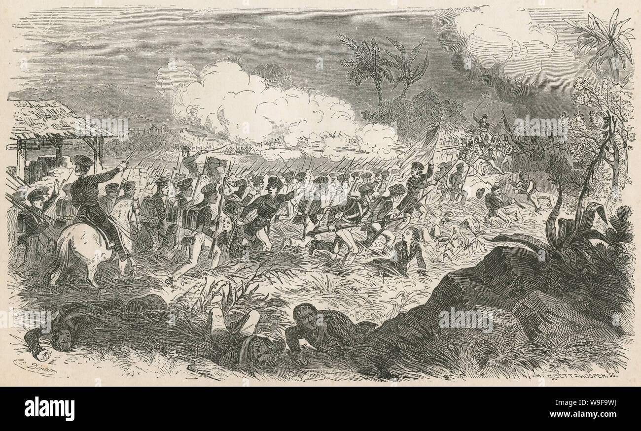 Antike 1873 Gravieren, die Palmettos an der Schlacht von Churubusco, Mexiko. Die Palmetto Regiment von Freiwilligen von South Carolina war ein infanterieregiment, das im mexikanisch-amerikanischen Krieg teilgenommen. Quelle: ORIGINAL GRAVUR Stockfoto