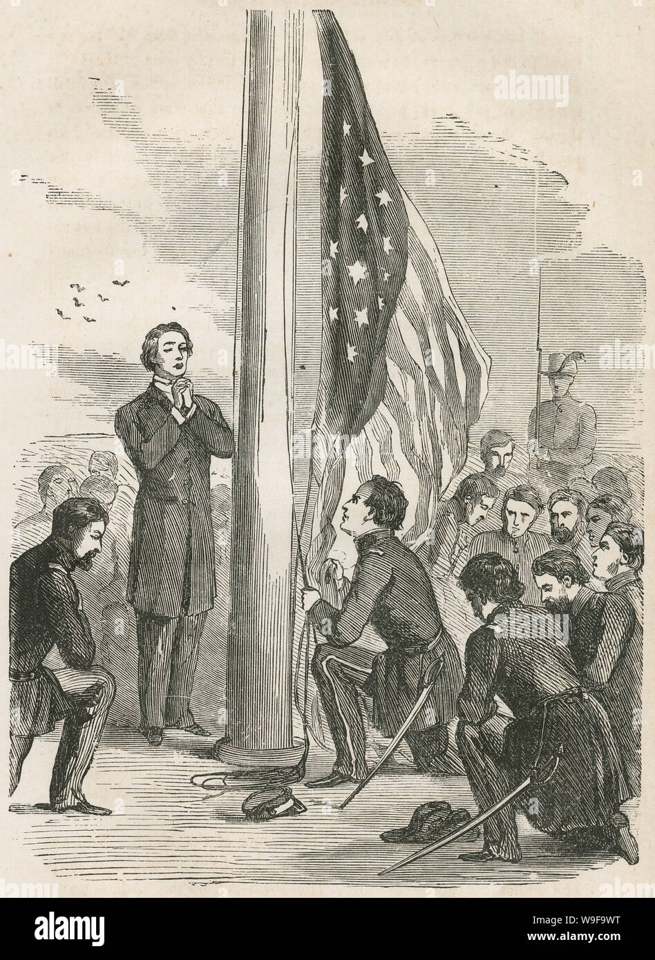 Antike 1873 Gravieren, Erhöhung der amerikanischen Flagge auf Fort Sumter. Quelle: ORIGINAL GRAVUR Stockfoto