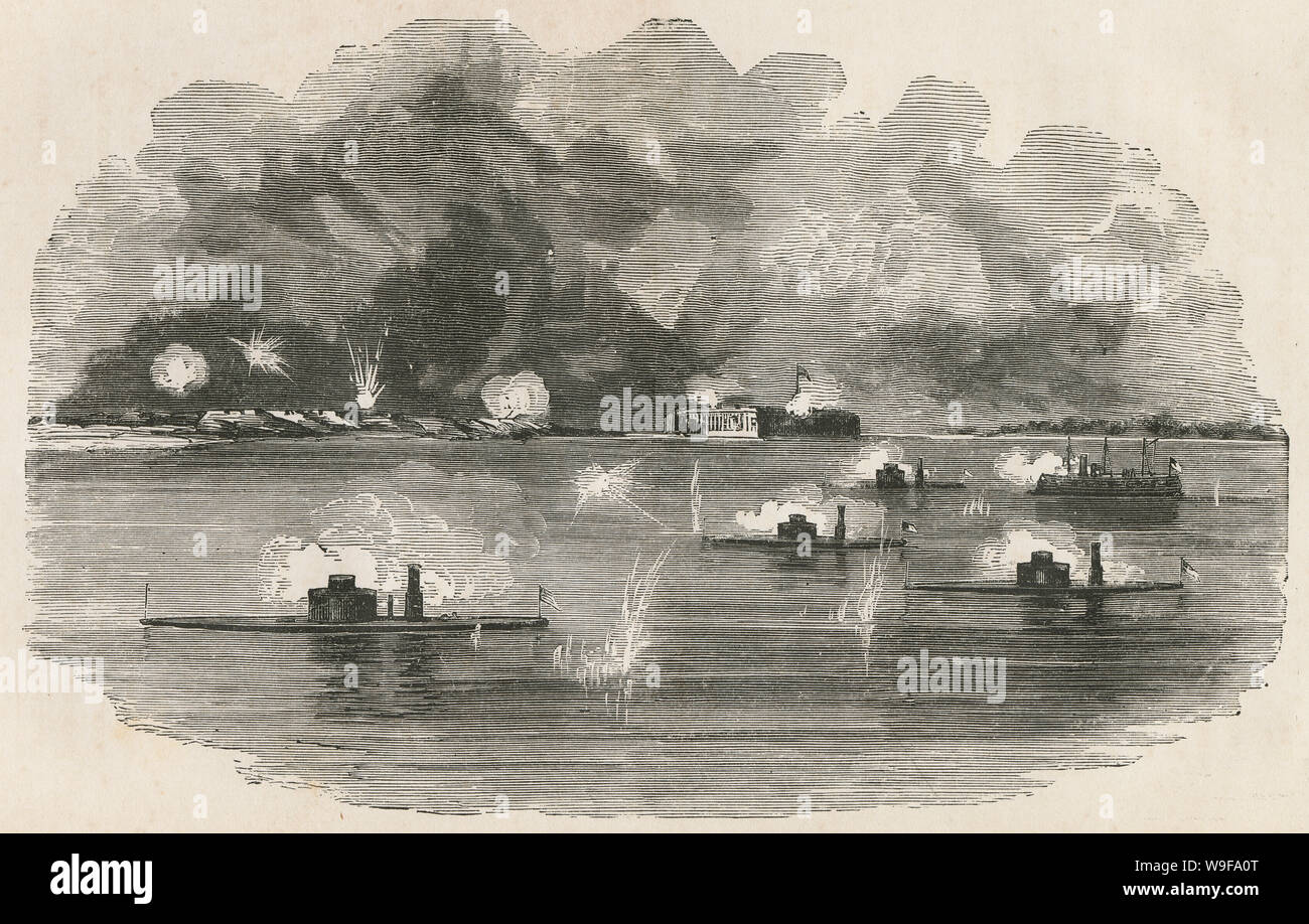 Antike 1873 Gravieren, Angriff auf Forts Sumter und Wagner. Die erste Schlacht von Charleston Harbor war ein Engagement in der Nähe von Charleston, South Carolina, 7. April 1863 stattfand, während des Amerikanischen Bürgerkrieges. Quelle: ORIGINAL GRAVUR Stockfoto