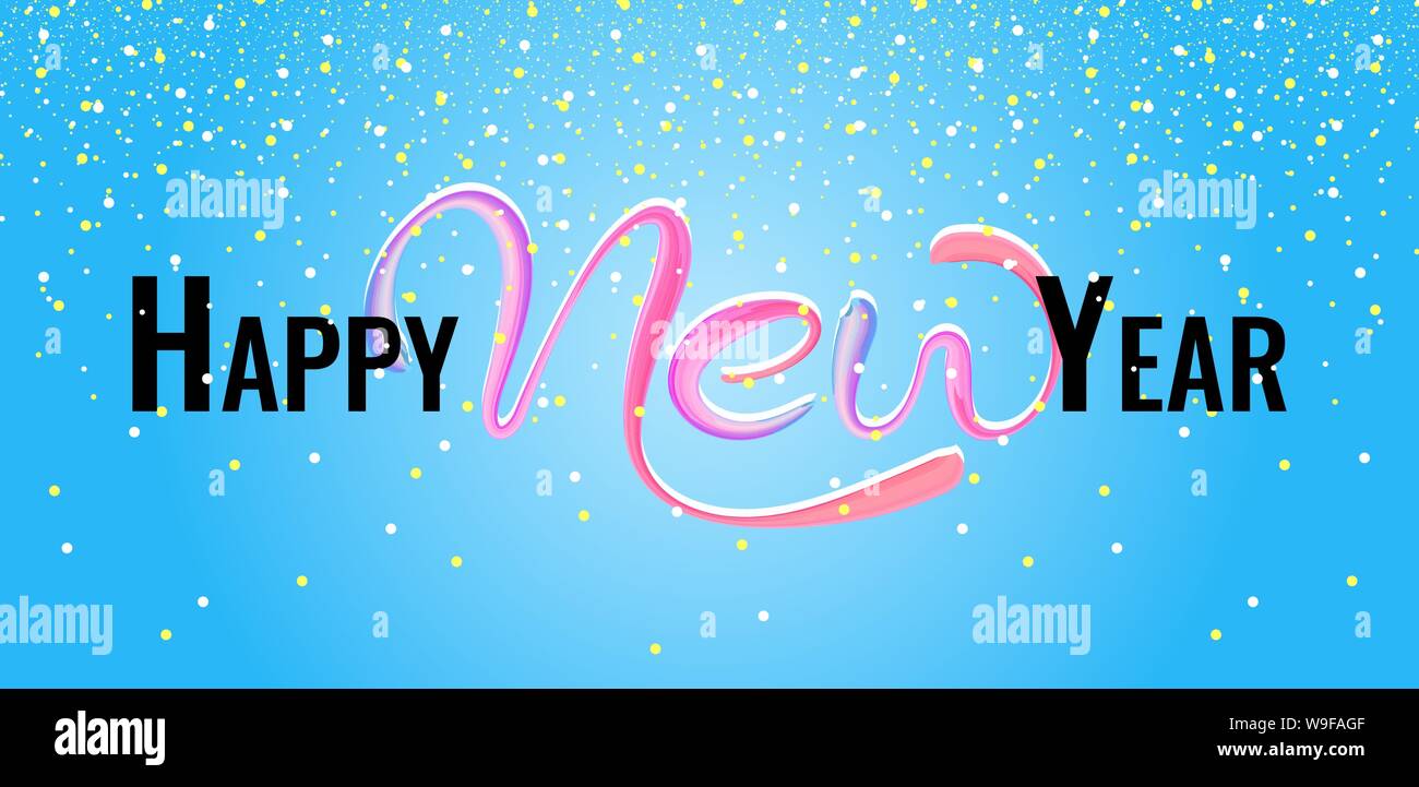 Frohes neues Jahr Kalligraphie auf horizontalen blauen Hintergrund Poster mit Schnee. Bunte Hand gezeichnet Pinselstrich Öl oder Acrylfarbe xmas Design Grußkarte Vorlage. Vektorgrafik Aquarell Text Illustration Stock Vektor