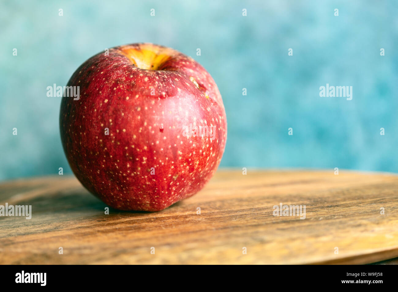 Ein roter Apfel (Malus domestica) sitzt auf einem Holztablett vor einem blau-melierten Hintergrund. Stockfoto