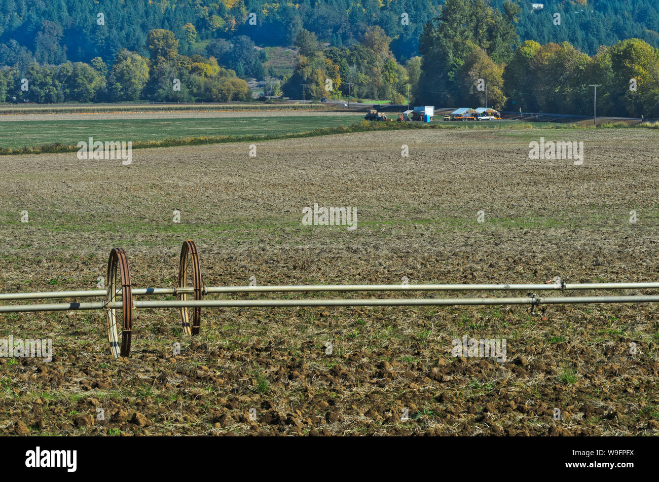 Bewässerung rig in frisch geernteten und gepflügten Feldern in der Nähe von Falls City, Oregon Stockfoto