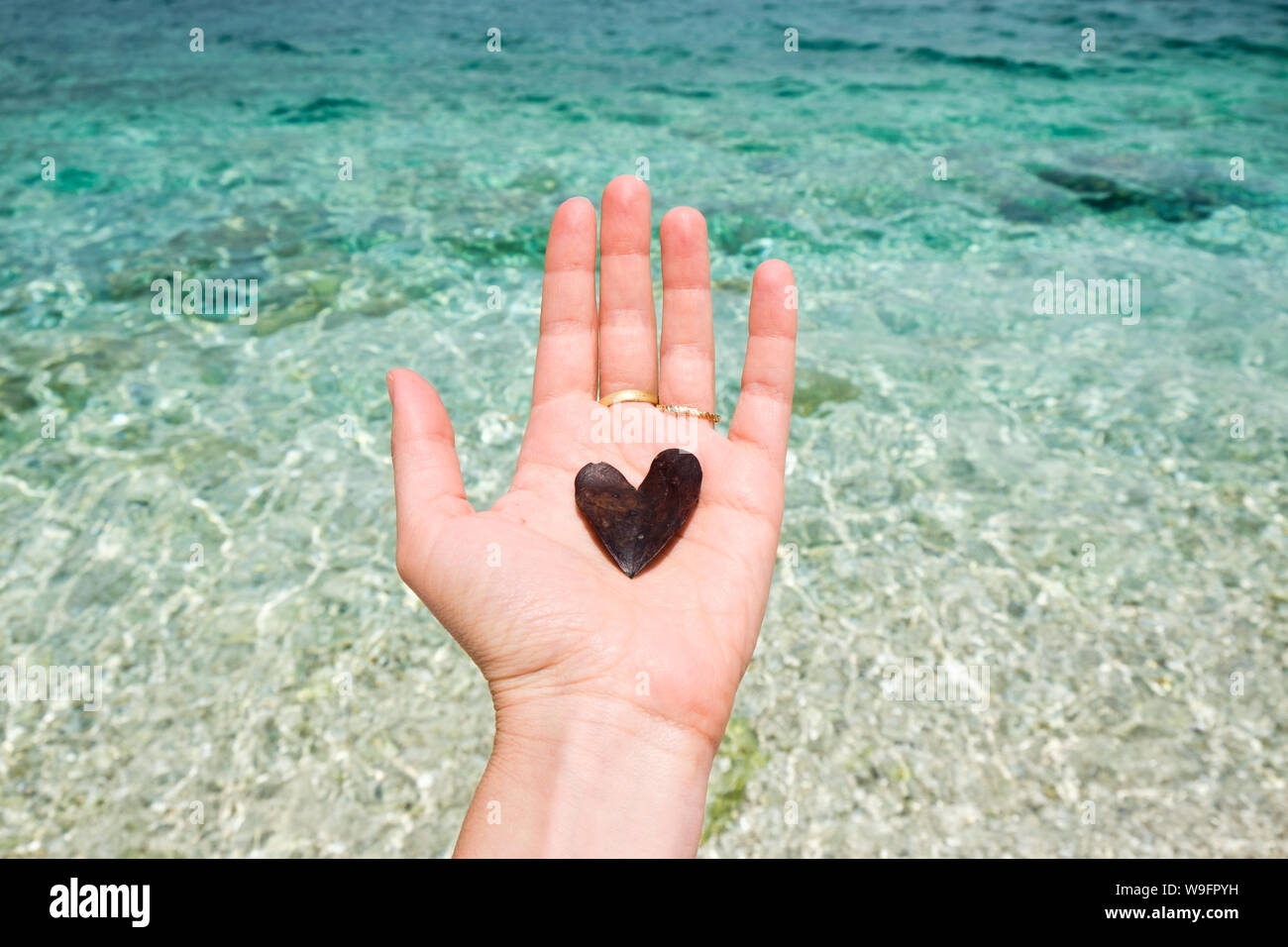 Eine Hand hält eine herzförmige Blätter vor dem türkisblauen Wasser des Ionischen Meeres in Kefalonia, Griechenland. Stockfoto