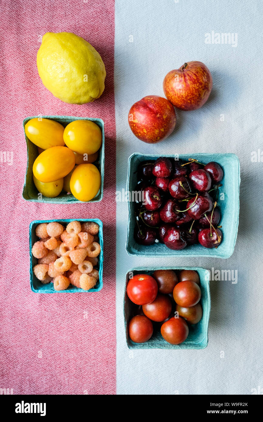 Ein Stilleben von Sorrent Zitrone, Mango Tango pluots, Kirschen, rote und gelbe Tomaten und Sonnenschein Himbeeren auf dem Höhepunkt des Sommers. Stockfoto