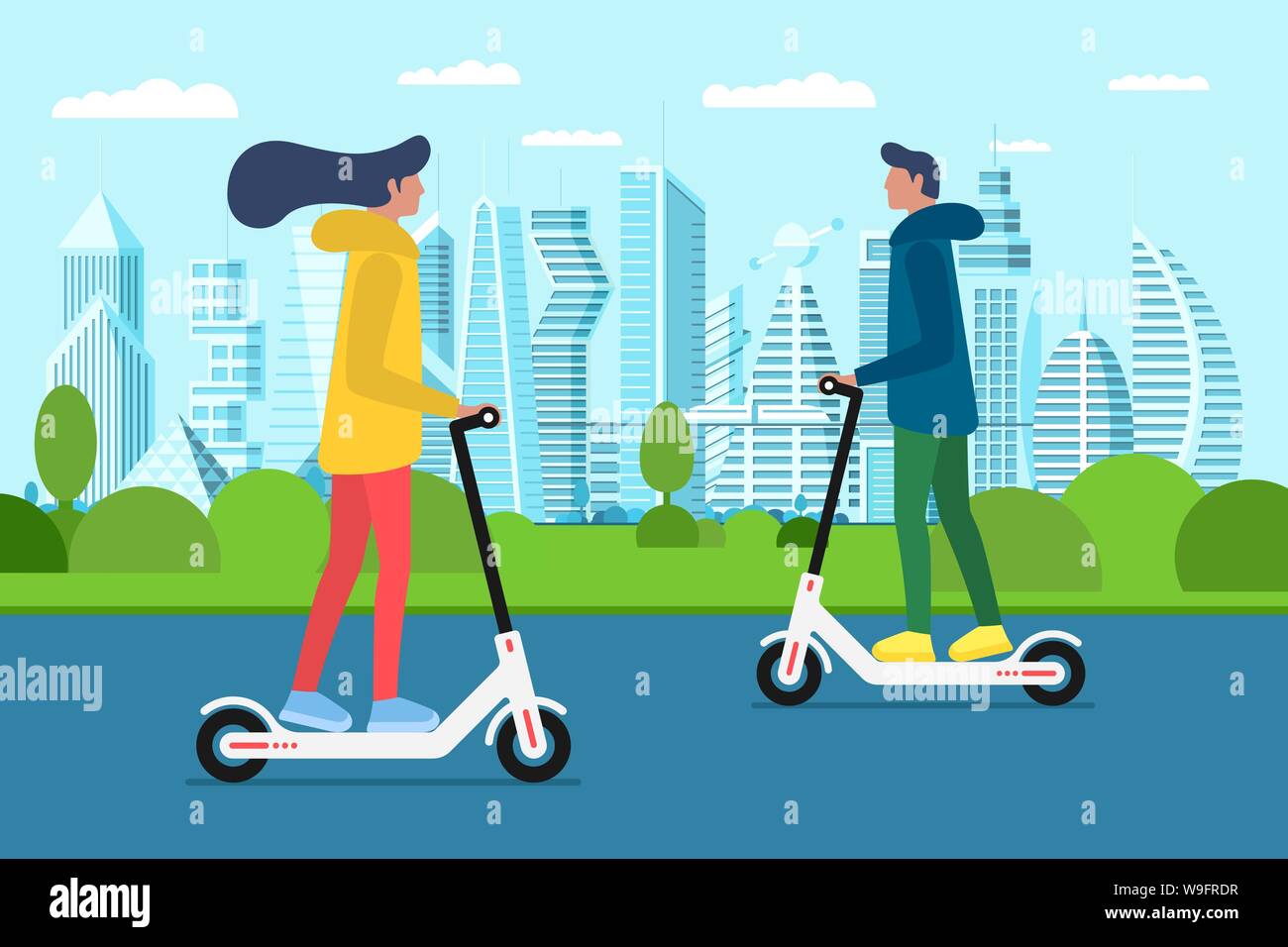 Millennial Mädchen und Jungen Reiten Roller in Zukunft Stadtpark. Transport in der Stadt und mit Tour. Verbringen Sie Freizeit auf der städtischen Straße. Menschen auf Elektroroller. Eco-Transport-Vektor-Illustration Stock Vektor