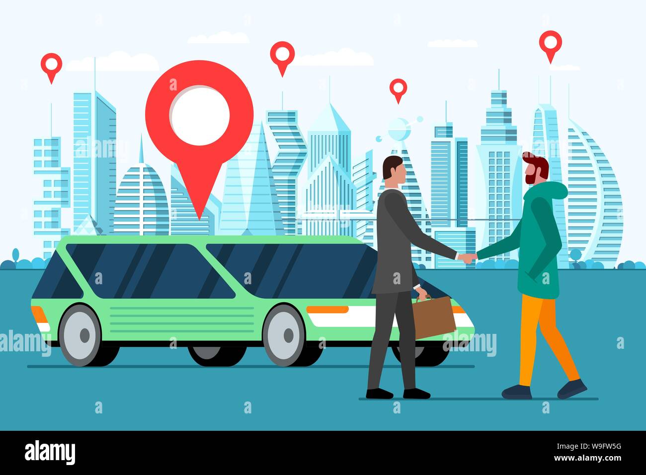 Vorlage für Carsharing-Service. Zwei junge Männer Charakter Handshake auf zukünftige Stadt Straße mit Wolkenkratzer. Economy Transport kooperieren für die Reise. Angebot für Abenteuer. Vektor Fahrzeug mieten Illustration Stock Vektor