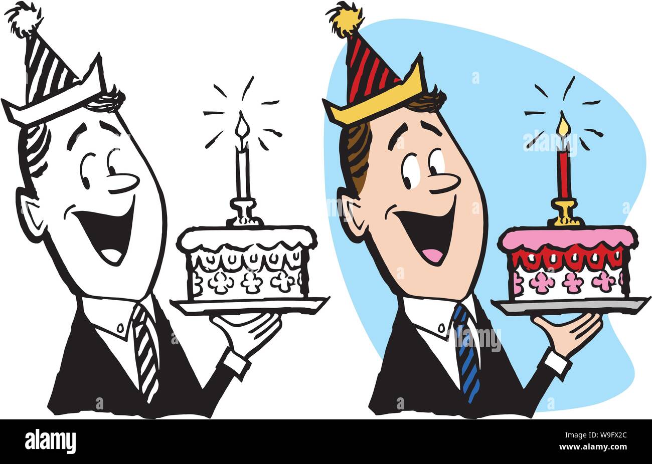 Ein Mann seinen Geburtstag feiern hält seinen Kuchen beim Tragen einer Partei hat. Stock Vektor