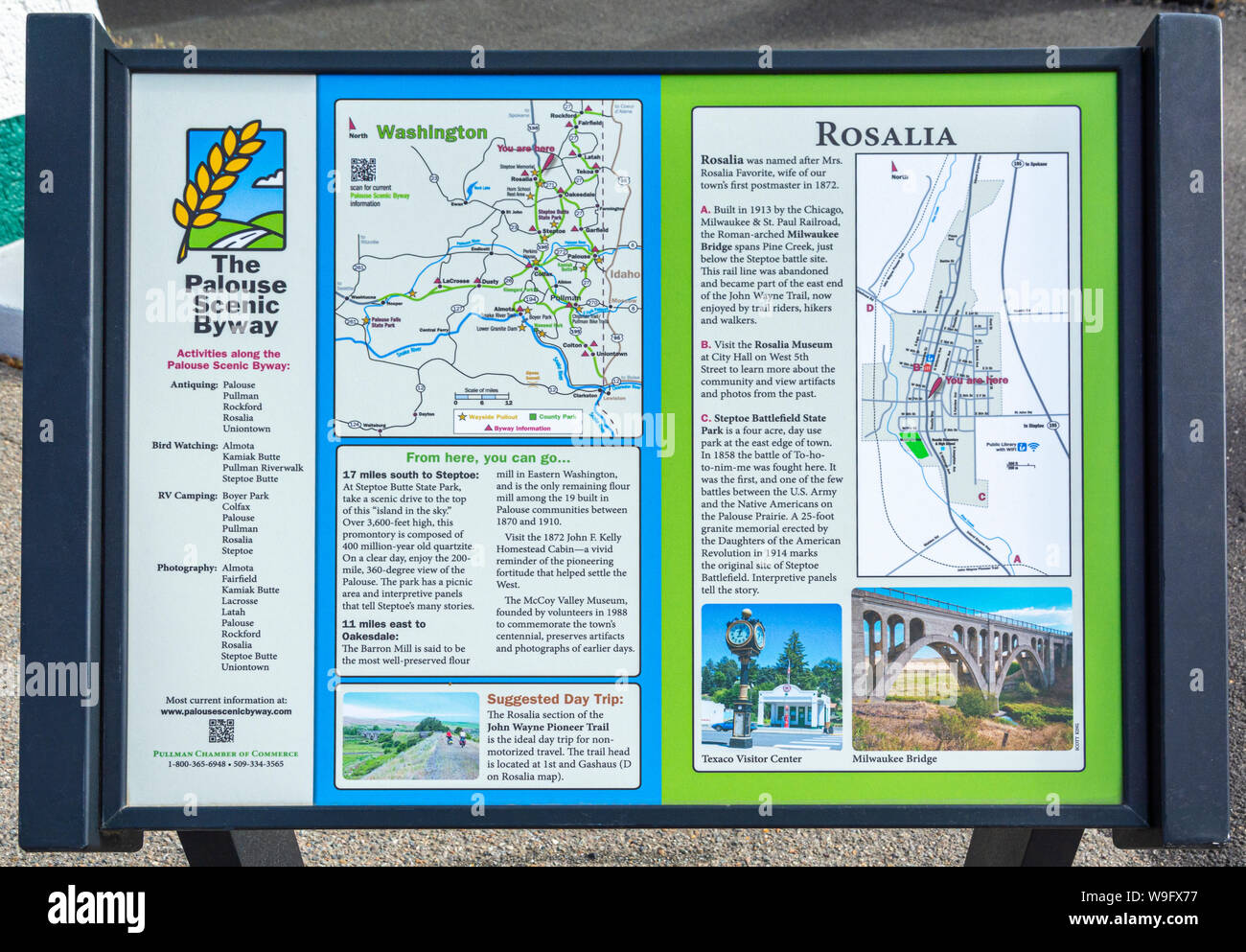 Washington, Palouse Region Rosalia, historischen Innenstadt, Palouse Scenic Byway Informationen und Karte Zeichen Stockfoto