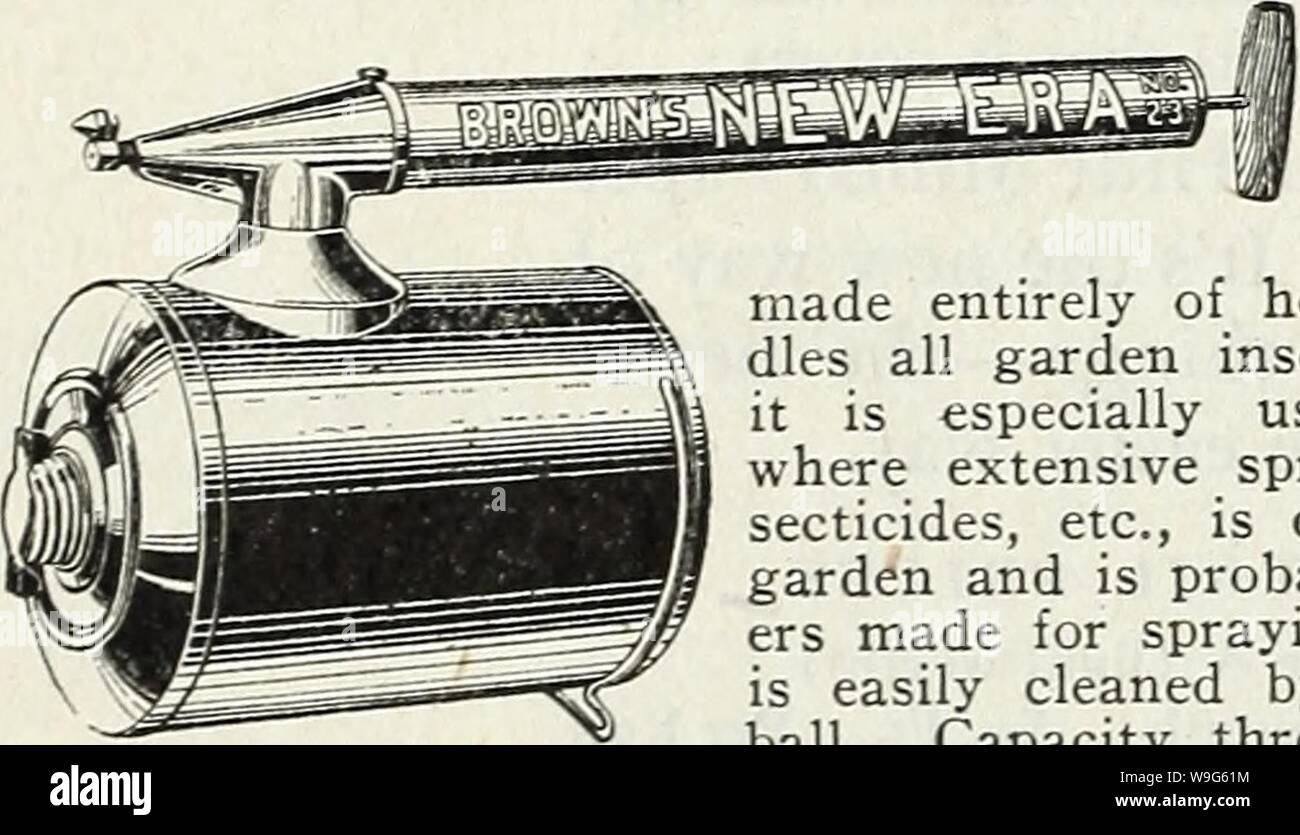 Archiv Bild ab Seite 119 von Currie's Farm und Garten jährliche. Currie's Farm und Garten jährliche: Frühjahr 1930 curriesfarmgarde 19 curr Jahr: 1930 ("PBP-f Das stabile, kontinuierliche Handlung der Zerstäuber ist in vier verschiedenen Stilrichtungen gemacht als Liste-ed unten. Alle Teile sind für die Reinigung leicht zugänglich; das Ventil kann nur durch Entfernen der Mutter auf der Oberseite des Zylinderblocks reinigen. Ist mit austauschbaren Geraden und Winkel der Düsen, die zusammen befestigt werden, um Datenverluste zu verhindern. Wir empfehlen, die automatische Spray Nr. 26-AG, hat die beliebte Glas, durch die die op-Erator der genaue Betrag der Lösungen zu sehen ermöglicht Stockfoto