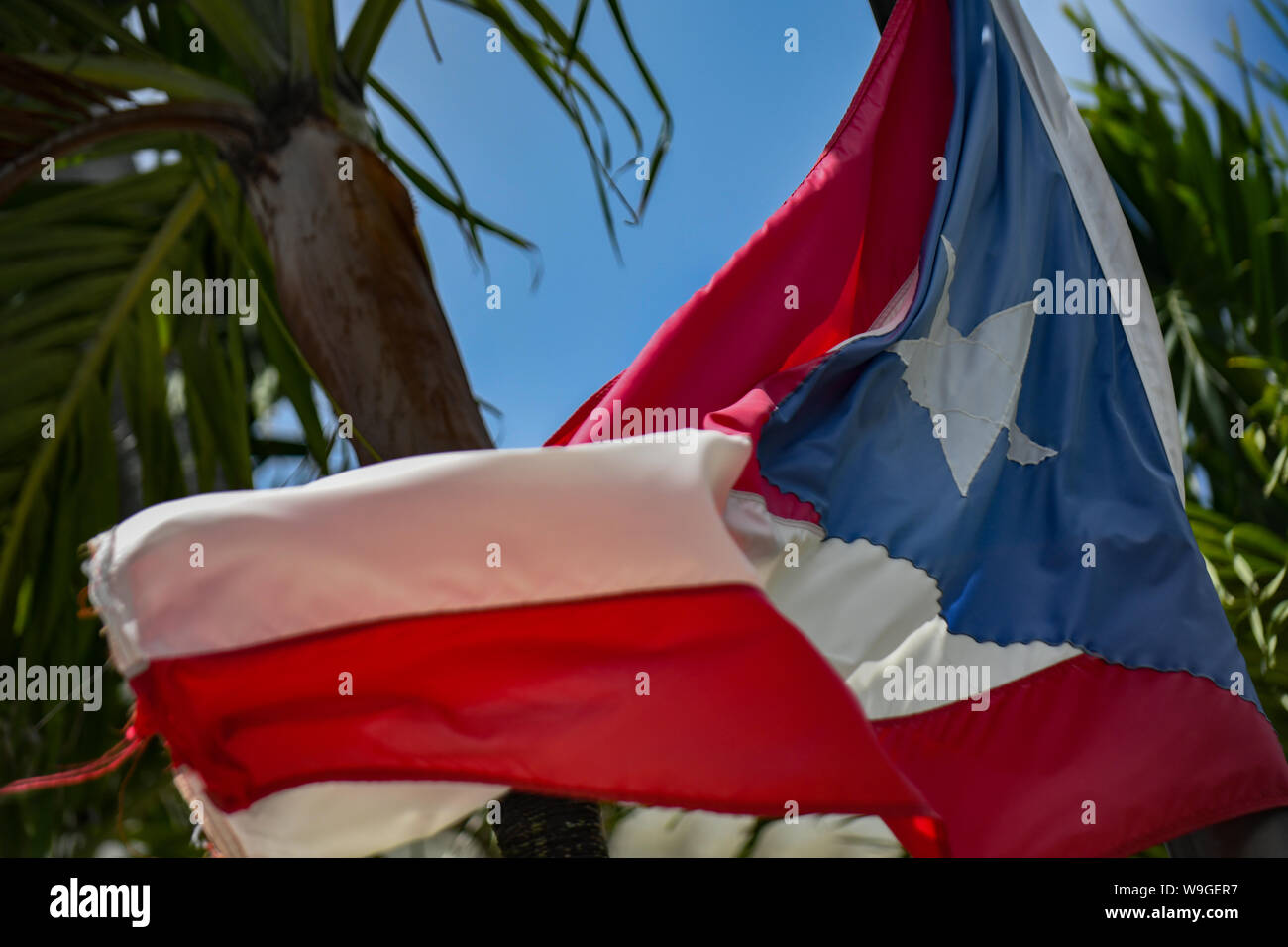 Puerto Rico Proteste - ein tattered Puerto Rico Flagge im alten San Juan Puerto Rico - eine zerrissene Puerto Rican flag Klappen in der Brise Stockfoto