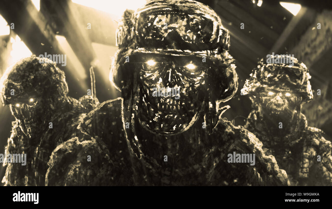 Zombies Krieger in zerstörten Haus mit Strahlen des Lichts. Abbildung im Genre der Horror für Halloween. Stockfoto