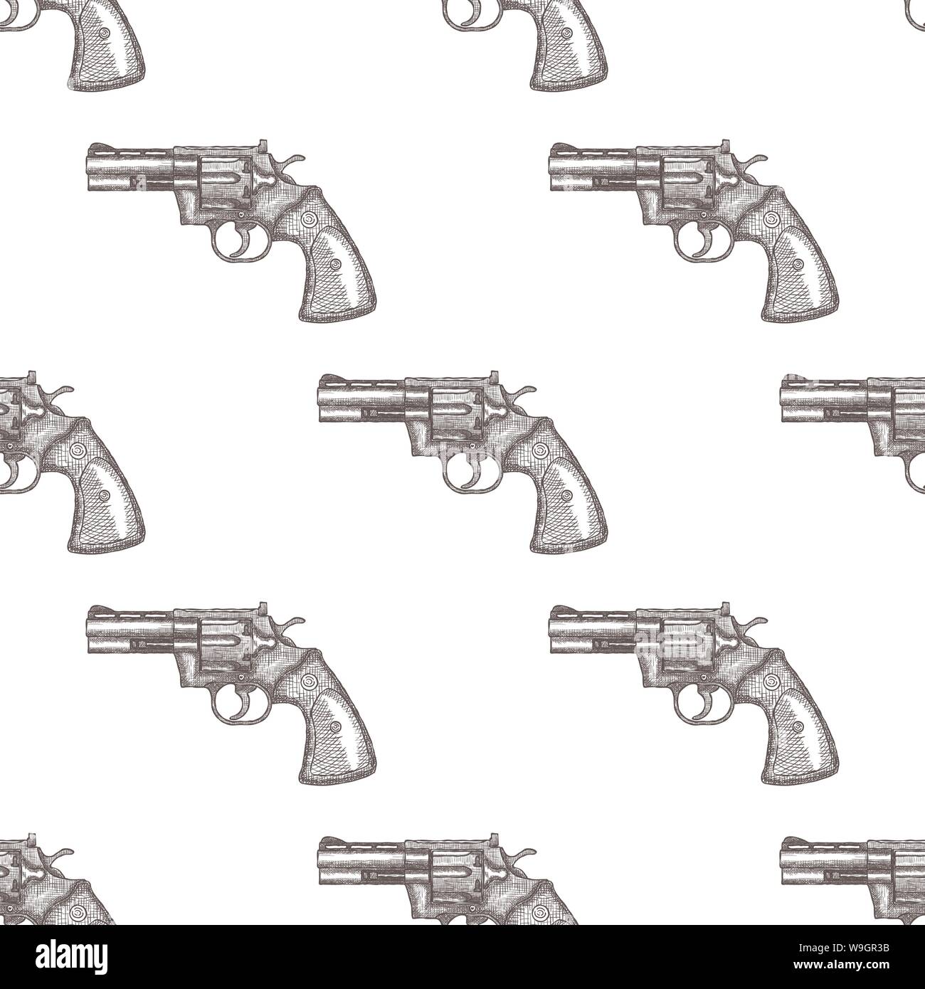 Hand gezeichnet Vintage Revolver Pistole. Nahtlose Muster Hintergrund Vektor Stock Vektor