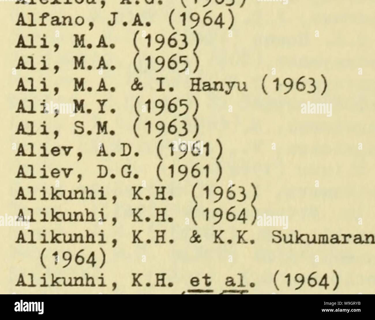 Archiv Bild ab Seite 340 Der aktuelle Bibliographie für Aquatic Sciences. Aktuelle Bibliographie für Aquatic Sciences und Fischerei currentbibliogra 10 Essen Jahr: 1959 (aktuelle Bibliographie für AQUATIC SCIENCES UND FISCHEREI, Band 10, Abschnitt 1 - Thema Index ACMRR (Pad). Segunda reuniÃ-n, Roma, 6-12 febrero ICH 964 (1965) 10005 Aasted, D.C. & R.W. Gilkey 2 (1963) 10898 Abakumov, V.l. & E.K. Markus (1961) 10332 Abasov, M.A. & Ð. A. Intonov (1961) 11062 Abbott, - DP (1963) 10039 Abbotts, W.E. (1963) 10904 Abdurachmanow.lu. A. (I 96 I) Abe, T (1964) 11024 11747 Acholonu, A.D. (1964) 13344 Aokman, R. Stockfoto