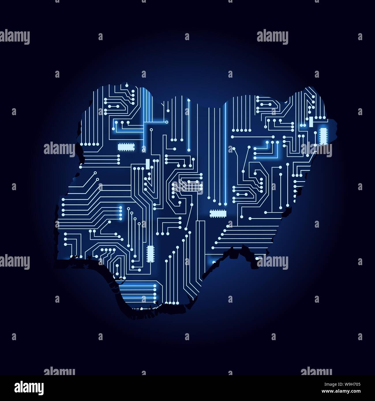 Kontur karte von Nigeria mit einem Technische Elektronik Schaltung. Afrikanisches Land. Blauen Hintergrund. Stock Vektor