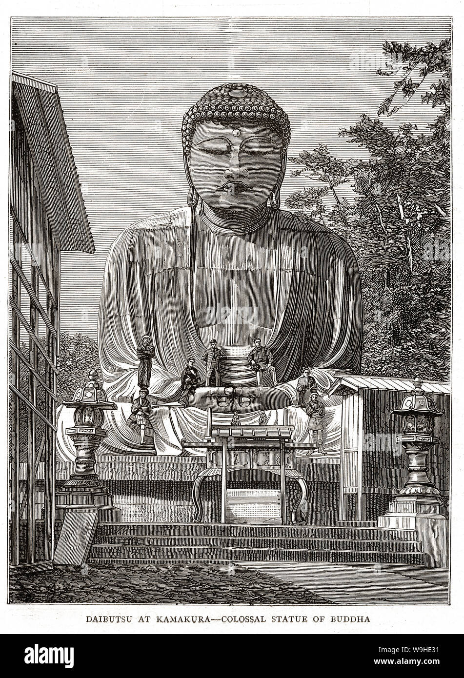 [1880s Japan - Großen Buddha in Kamakura] - Abbildung der Daibutsu (Großen Buddha) an Kotoku-in, ein buddhistischer Tempel der Shu Jodo Sekte, in Kamakura, der Präfektur Kanagawa. Die riesige aufgedeckt Bronzestatue von Amida Buddha ist eins der Besten in Japan bekannte Symbole. Veröffentlicht in der Britischen wöchentliche Illustrierte Zeitung die Grafik am 18. Juni 1881 (Meiji 14). Kunstwerke, die von den kanadischen Maler und Illustrator Charles Edwin Fripp (1854-1906). 19 Vintage Zeitung Abbildung. Stockfoto