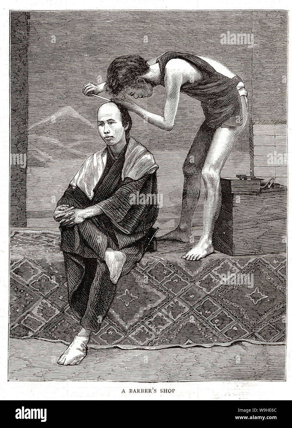 [1880s Japan - Japanische Friseur bei der Arbeit] - Abbildung: ein Friseur die Haare eines männlichen Kunden. Bis westlichen Frisuren während der Meiji Periode (1868-1912) gefördert wurden, japanische Männer trug ein chonmage Haarschopf. Veröffentlicht in der Britischen wöchentliche Illustrierte Zeitung die Grafik am 18. Juni 1881 (Meiji 14). Kunstwerke, die von den kanadischen Maler und Illustrator Charles Edwin Fripp (1854-1906). 19 Vintage Zeitung Abbildung. Stockfoto