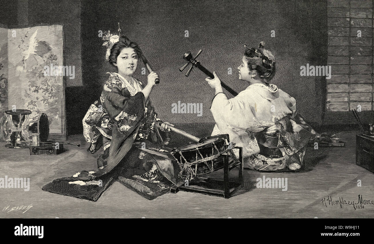 [1890s Japan - Japanische Frauen spielen Musik] - Frauen im Kimono und traditionellen Frisuren spielen eine Taiko drum bekannt als ootsutsumi, und Shamisen, eine 3-saitige Instrument. In der Illustrated London News am 15. November veröffentlicht, 1890 (Meiji 23). Kunstwerke von Harry Humphrey Moore (1844-1926). 19 Vintage Zeitung Abbildung. Stockfoto