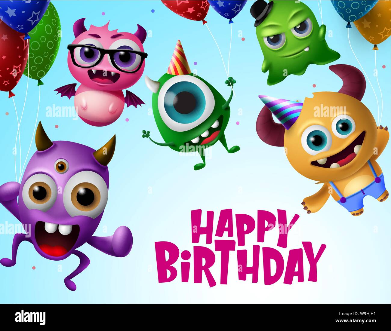 Happy birthday mit Monster Zeichen vektor design. Alles Gute zum Geburtstag Text in Fliegen kleine Monster Kreatur mit bunten Luftballons. Stock Vektor