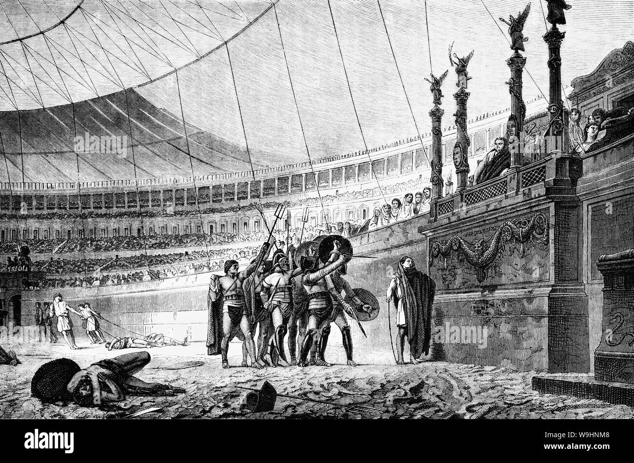 Gladiator Spiele dauerte für fast tausend Jahre, die ihren Höhepunkt zwischen dem 1. Jahrhundert v. Chr. und dem 2. nachchristlichen Jahrhundert erreichen. Bewaffnete Kämpfer unterhalten das Publikum in die römische Republik und das Römische Reich in gewaltsame Auseinandersetzungen mit anderen Gladiatoren, wilde Tiere, und verurteilte Straftäter. Einige Gladiatoren waren Freiwillige, die meisten verachtet wurden als Sklaven, unter rauen Bedingungen geschult, sozial ausgegrenzt und abgesondert auch im Tod. Sie waren in der hohen und niedrigen Kunst gefeiert, und ihr Wert als Entertainer war in kostbaren und alltägliche Objekte gedacht in der gesamten römischen Welt. Stockfoto