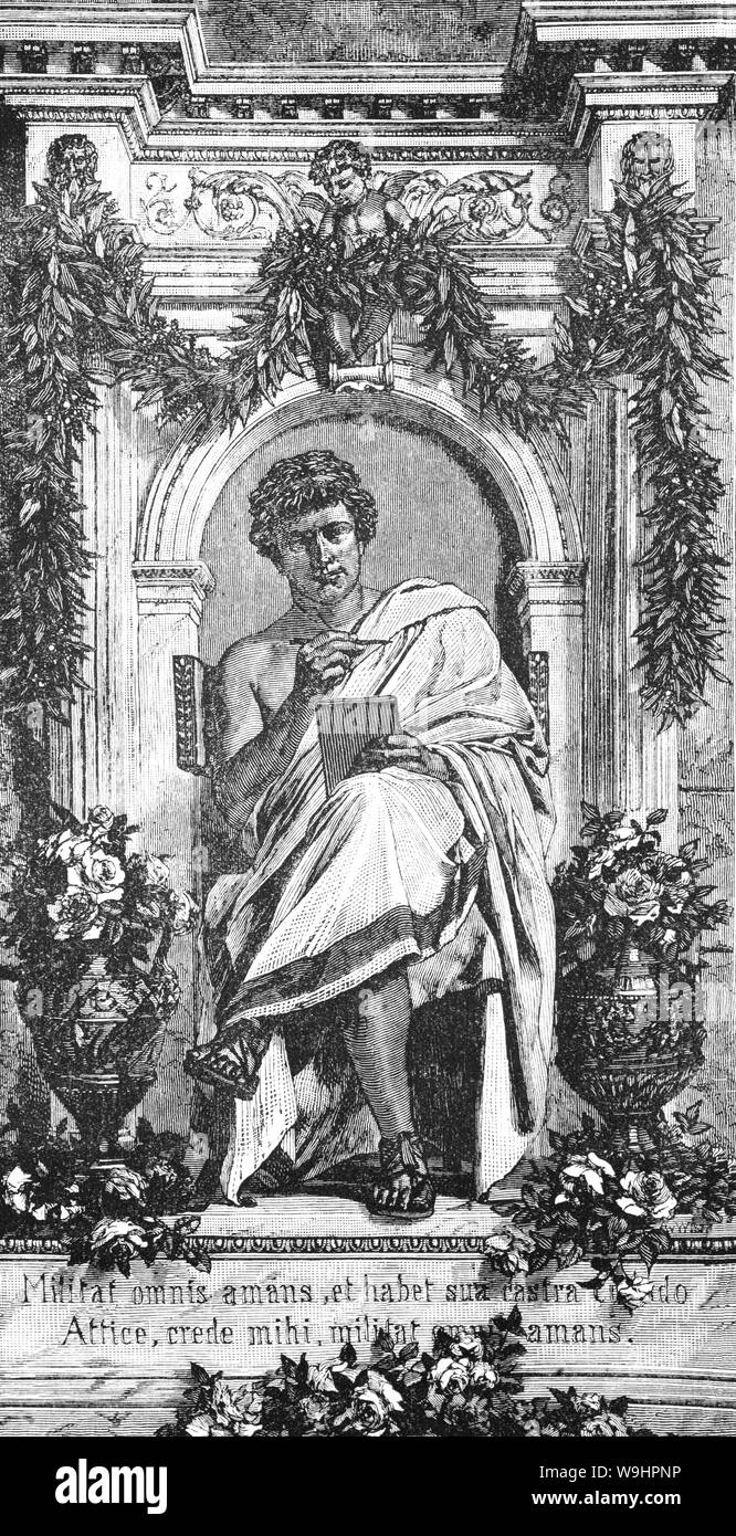 Publius Ovidius Naso (43 v. Chr. - 18 N.CHR.), wie Ovid bekannt, war ein römischer Dichter, der während der Regierungszeit des Augustus lebte. Er war ein Zeitgenosse von Vergil und Horaz, mit denen er als einer der drei kanonische Dichter der Lateinischen Literatur geordnet wird. Er genoß große Popularität, aber, in die Geheimnisse der Literaturgeschichte, von Augustus ins Exil in einer entlegenen Provinz am Schwarzen Meer, wo er bis zu seinem Tod blieb gesendet wurde. Ovid selbst Attribute seines Exils zu carmen et error", ein Gedicht und ein Irrtum", aber sein Ermessen bei der Erörterung der Ursachen hat sich in Spekulationen unter Gelehrten führte. Stockfoto