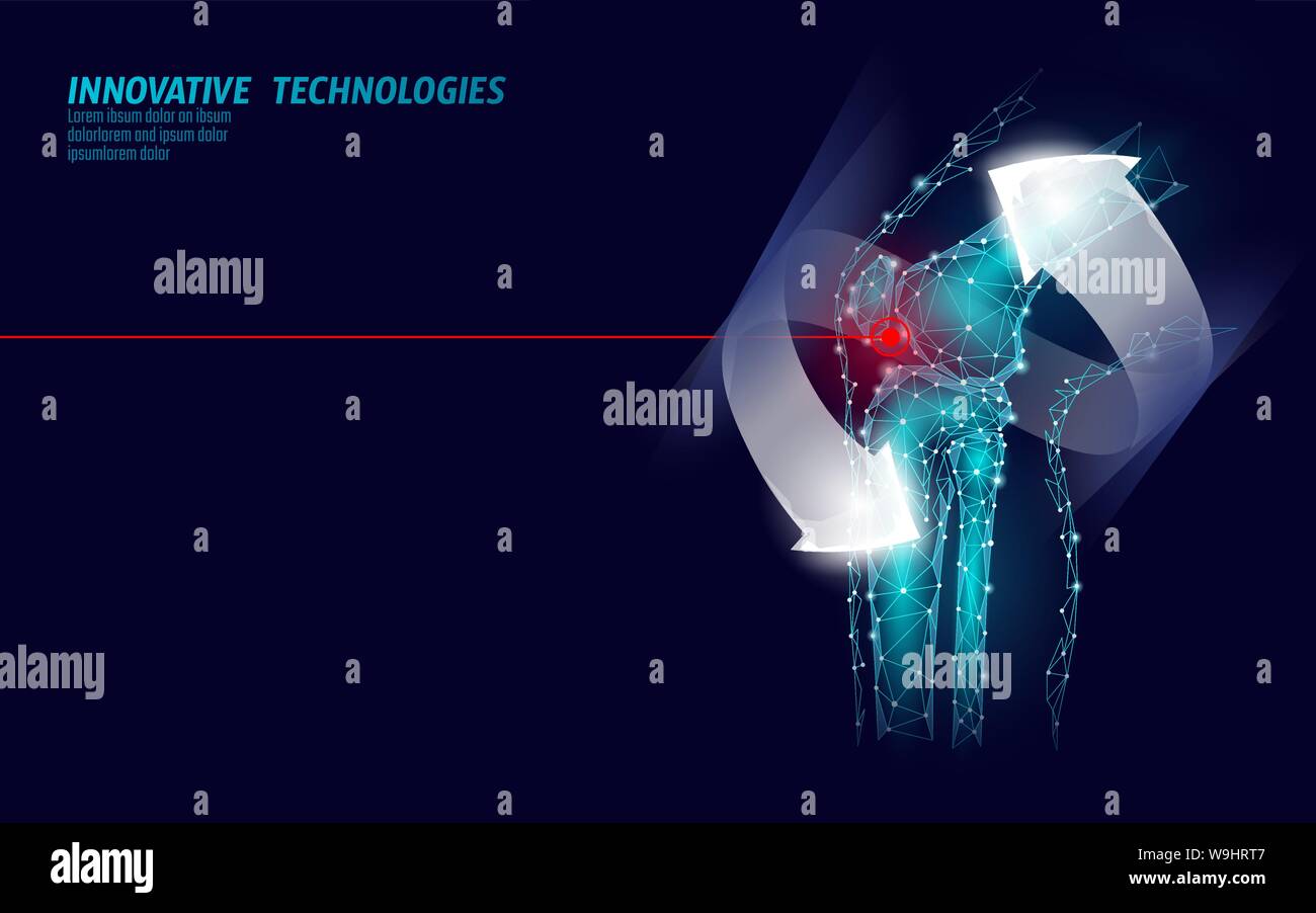 Menschliche Kniegelenk 3d-modell Vector Illustration. Low Poly design Technik der Zukunft heilen Schmerzen Behandlung. Recovery leuchtenden Pfeil gel Medizin Vektor Stock Vektor