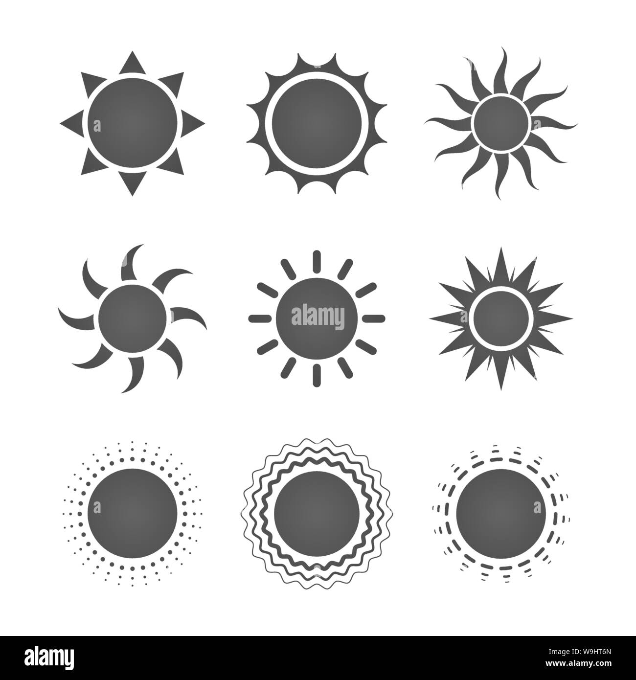 Satz von neun verschiedenen Grau sun Symbole auf Weiß Stock Vektor