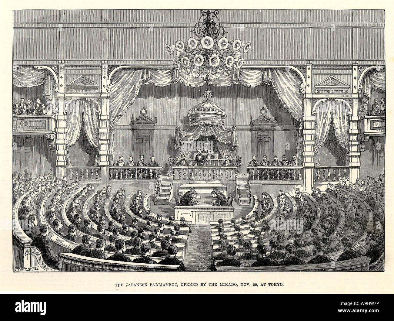 [1890s Japan - Erste japanische Parlament] - Kaiser Meiji öffnet Japan erste Parlament (Kapitel Kapitel 1 回帝国議会開院式) am 29. November 1890 (Meiji 23). Der Reichstag bestand aus einem Repräsentantenhaus (衆議院, Shugiin) und ein Haus der Peers (貴族院, Kizoku-in). Das Repräsentantenhaus war direkt auf eine begrenzte Franchise gewählt, während das Haus der Peers bestand aus hochrangigen Adligen. 19 Vintage Zeitung Abbildung. Stockfoto
