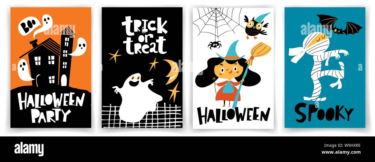Satz von Kindern Vector Halloween Party Plakate in den Cartoon Flat Style Stock Vektor