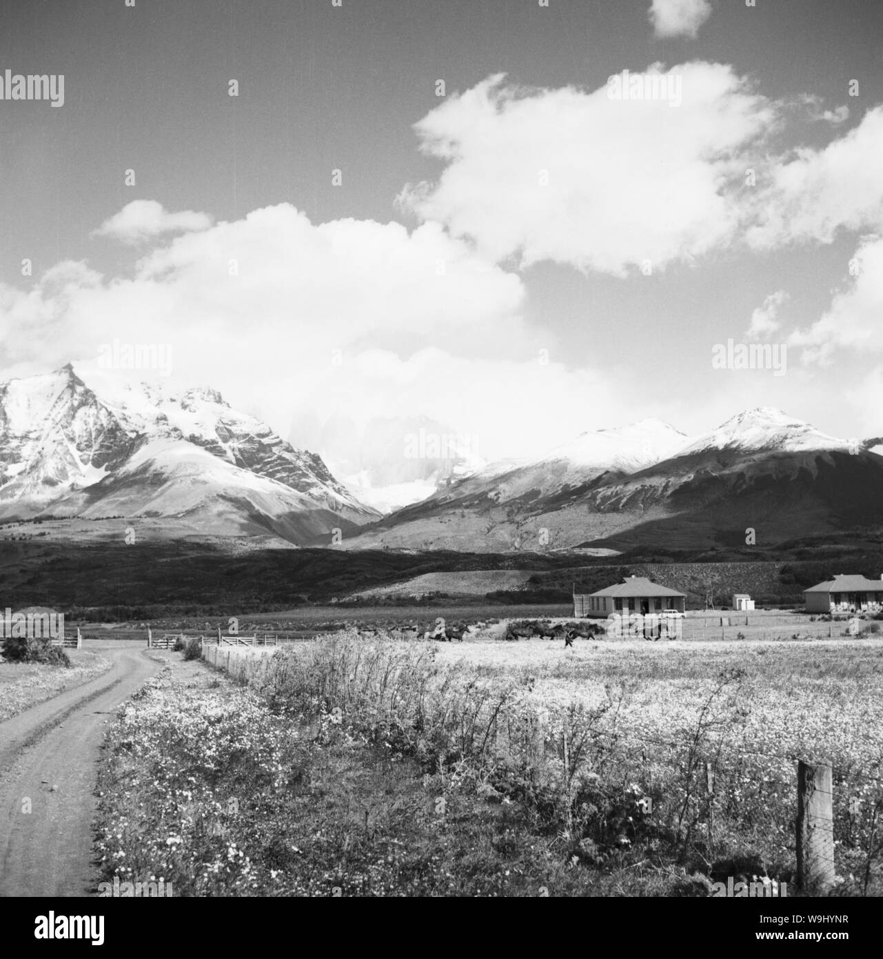 Rasthütten mit den Altos de Cantillana Bergen im Hintergrund, Chile, 1960er Jahre. Roadhouses vor der Altos de Cantillana mountain range, Chile 1960. Stockfoto