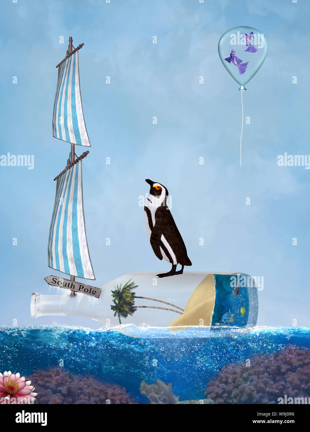 Natürlicher Lebensraum und Klimawandel Konzept: Pinguin auf eine Flasche Segeln zum Südpol Stockfoto