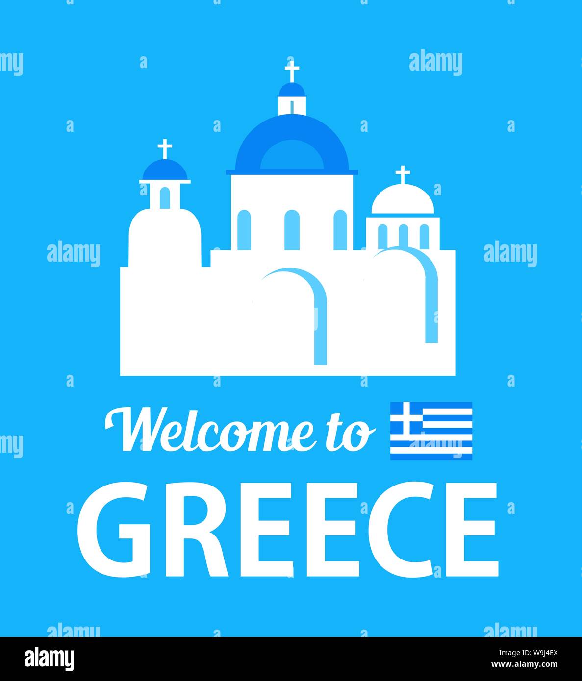 Mit weißen Griechische Kirche mit blauen Kuppeln - Flachbild Vector Illustration für Postkarte oder Einladung auf blauem Hintergrund Abzeichen. Stock Vektor