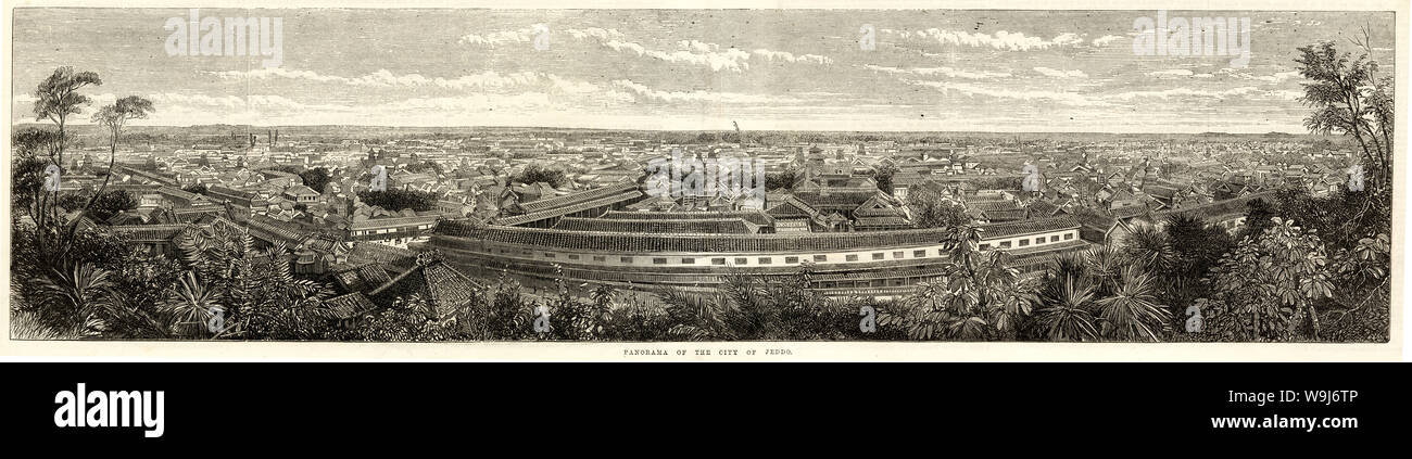 [1860s Japan - Tokyo Panorama] - eine spektakuläre Aussicht auf die Stadt Tokio von Atago-yama, einem Hügel, etwa 26 Meter über dem Meeresspiegel, in der großen Residenzen der Daimyo. Basierend auf einem Foto von Felice Beato (1832 - 1909). In der Illustrated London News Veröffentlicht am 29. Oktober 1864 (Genji 1). 19 Vintage Zeitung Abbildung. Stockfoto