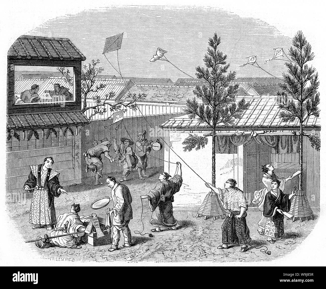 [1850s Japan - Japanische neues Jahr Zoll] - Menschen fliegende Drachen, eine traditionelle Zeitvertreib während des neuen Jahres Feiern. In der französischen Illustrierten Zeitung Le Magasin pittoresque 1855 Ansei veröffentlicht (2). Original text: "Une scène du jour de l'au Japon.-D'apres Siebold." aus dem 19. Jahrhundert vintage Zeitung Abbildung. Stockfoto