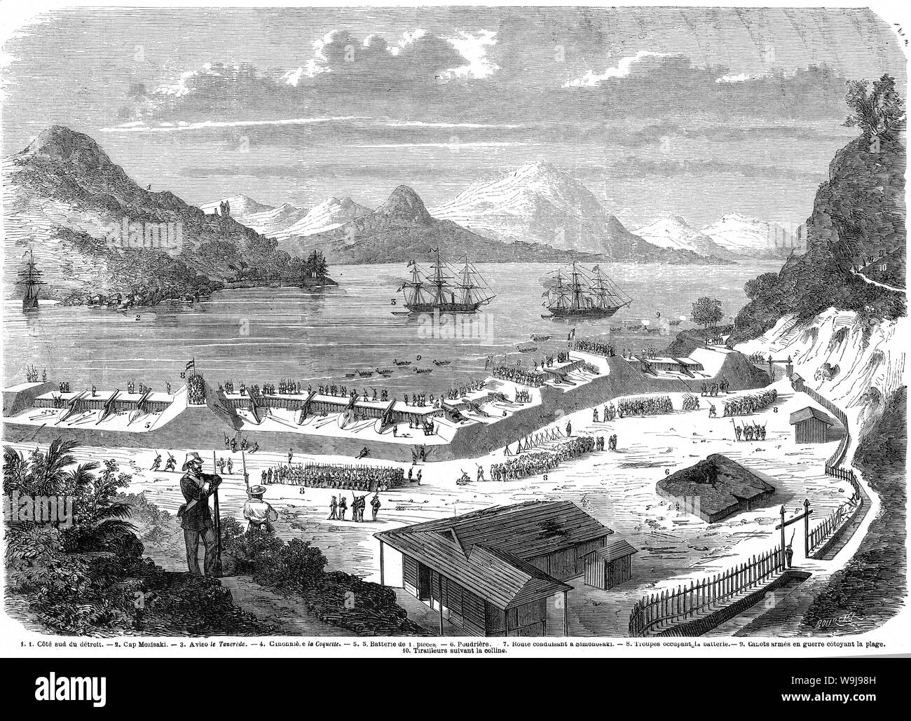 [1860s Japan - Schlacht von Shimonoseki] - Alliierten japanische Befestigungsanlagen besetzen an der Maeda Batterie (前田台場跡) in Shimonoseki, Yamaguchi Präfektur, während der Schlacht von Shimonoseki (下関戦争, September 5 - 6, 1864). Im Französischen veröffentlichte illustrierte Wochenzeitung Le Monde illustré am 19. November 1864 (Genji 1). Kunst von bourcier. 19 Vintage Zeitung Abbildung. Stockfoto