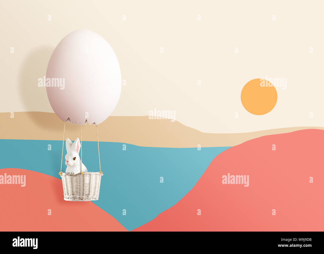 Der Hase ist in 3D-ei Heißluftballon schweben bis zu Himmel, Mitte Herbst festival Konzept, Ostern Konzept Stockfoto