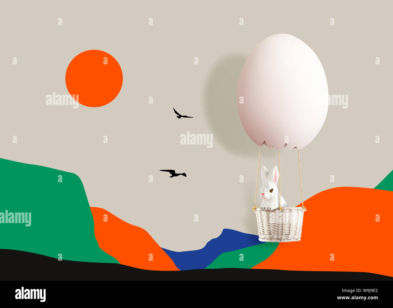 Der Hase ist in 3D-ei Heißluftballon schweben bis zu Himmel, Mitte Herbst festival Konzept, Ostern Konzept Stockfoto