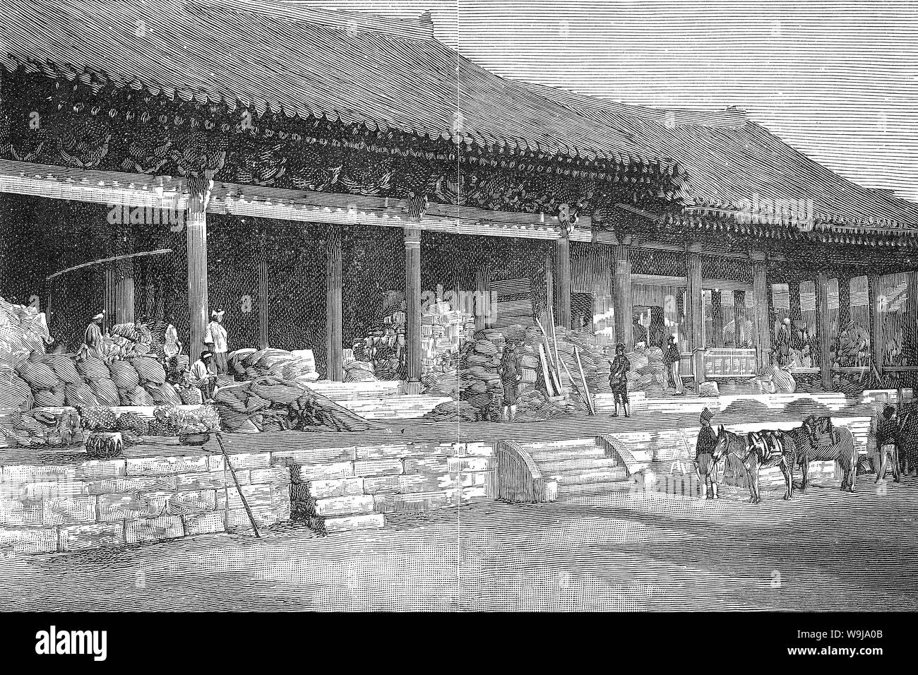 [1890s Japan - Erste Chinesisch-Japanische Krieg (1894-1895)] - Japanische Truppen in Pjöngjang, Korea während des Ersten Japanisch-Chinesischen Krieges (1894 - 1895). Die Schlacht von Pjöngjang wurde der zweite große Land Schlacht des Krieges und fand am 15. September 1894 (Meiji 27). Im Französischen veröffentlichte illustrierte Wochenzeitung Le Monde illustré am 15. Dezember 1894 (Meiji 27). 19 Vintage Zeitung Abbildung. Stockfoto