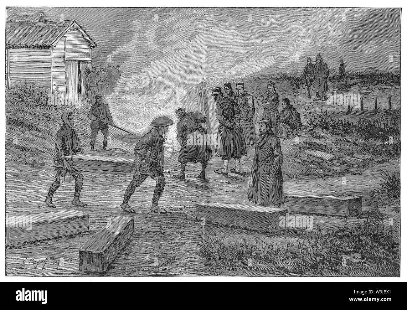 [1890s Japan - Erste Chinesisch-Japanische Krieg (1894-1895)] - Cremating Verluste während des Ersten Japanisch-Chinesischen Krieges (1894 - 1895). Im Französischen veröffentlichte illustrierte Wochenzeitung Le Monde illustré am 12. Januar 1895 (Meiji 28). Kunst des französischen Künstlers Georges Bigot Ferdinand (1860-1927), berühmt für seine satirischen Cartoons des Lebens in der Meiji-zeit in Japan. Original text: "Le takiba. Crémation des morts." aus dem 19. Jahrhundert vintage Zeitung Abbildung. Stockfoto