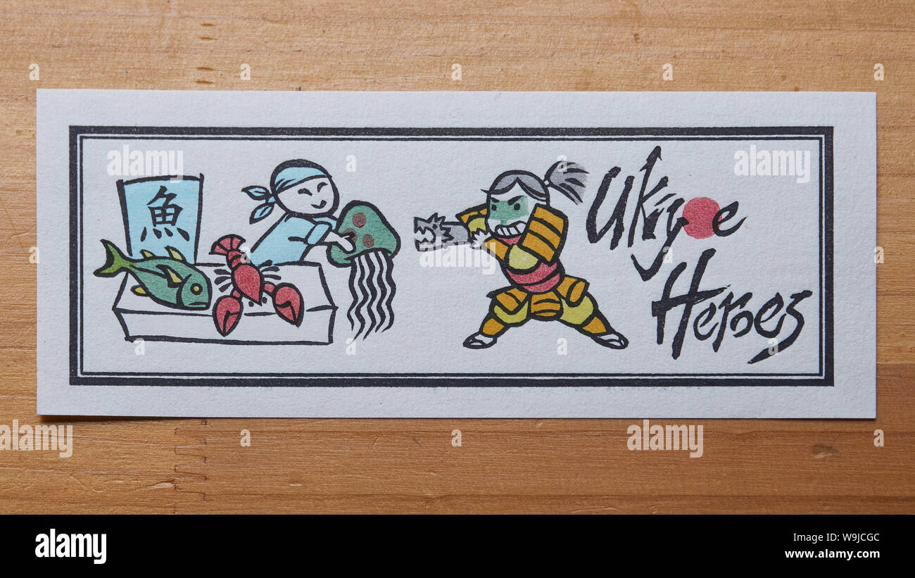 Traditionelle japanische Holzschnitt von Jed Henry und produziert im David's Bull Mokuhankan für die Chibi Helden Serie der Drucke. Stockfoto