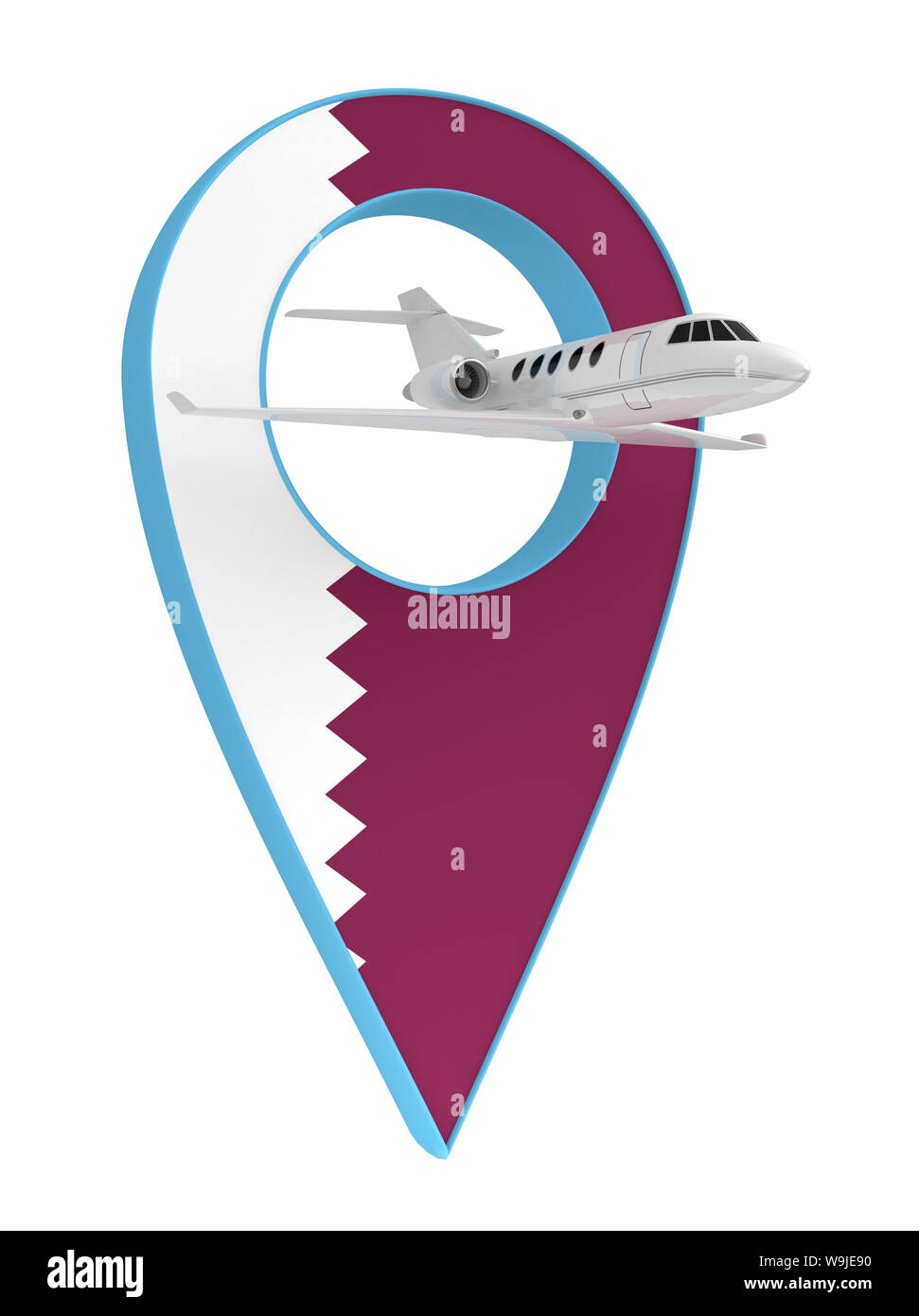Eigenes Flugzeug mit Pin navigation Flagge Katar. 3D-Rendering Stockfoto