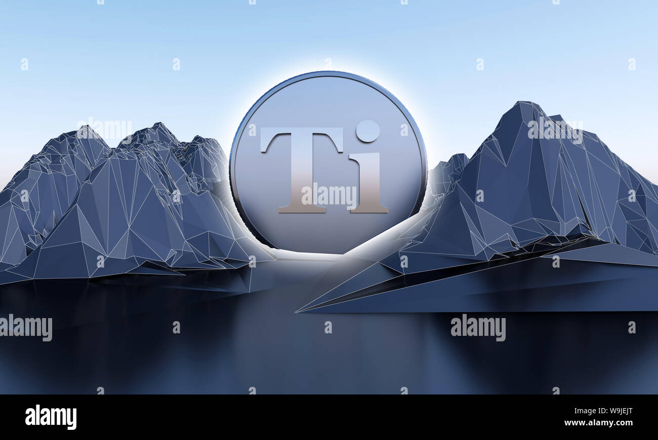 Titan Symbol in Form von Münze in abstrakten Berge. 3D-Rendering Stockfoto
