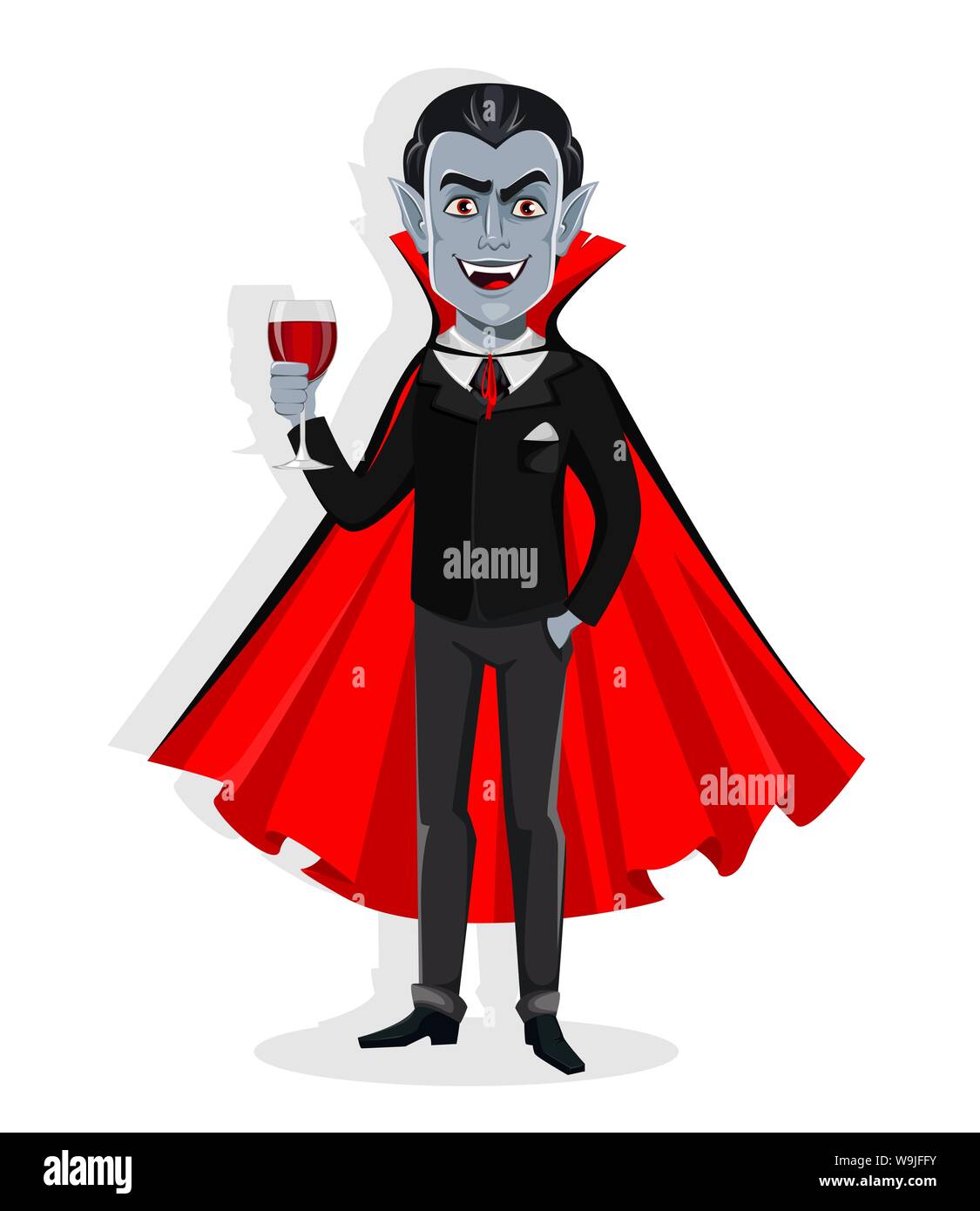 Happy Halloween. Vampire Zeichentrickfigur im roten Mantel hält ein Glas Blut. Vector Illustration auf weißem Hintergrund Stock Vektor