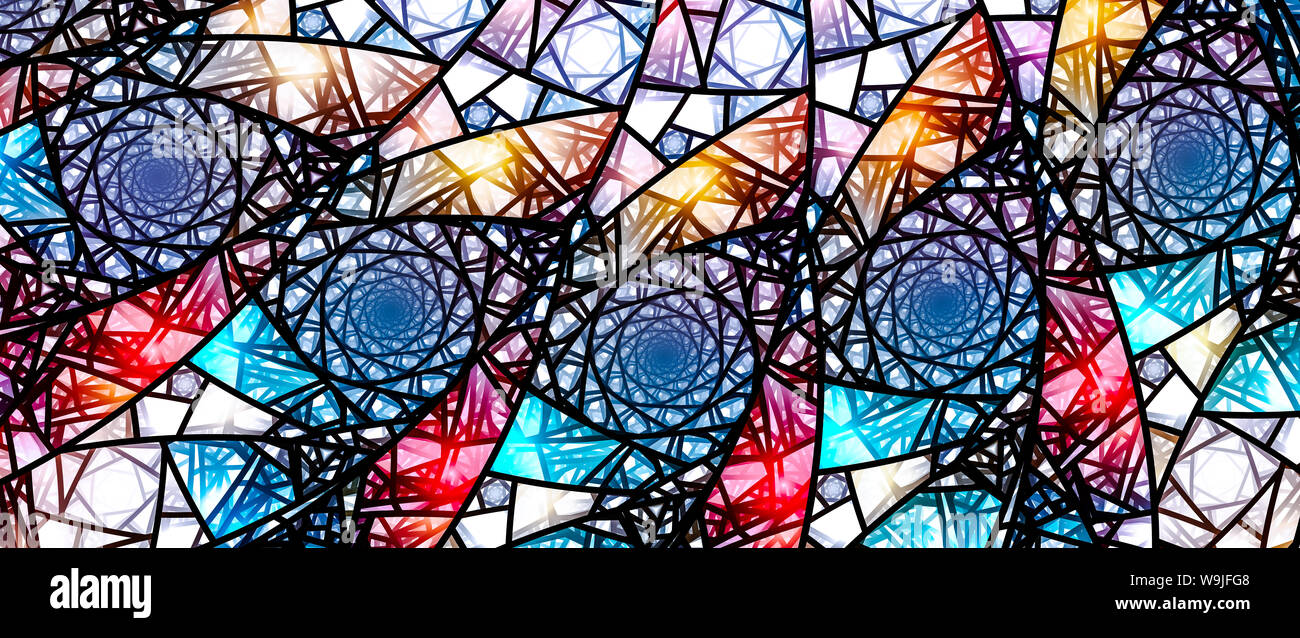 Farbenfroh leuchtenden Buntglasfenster, computer-generierte Zusammenfassung Hintergrund, Fraktale, 8k-Breitbild-Display, 3D-Rendering Stockfoto