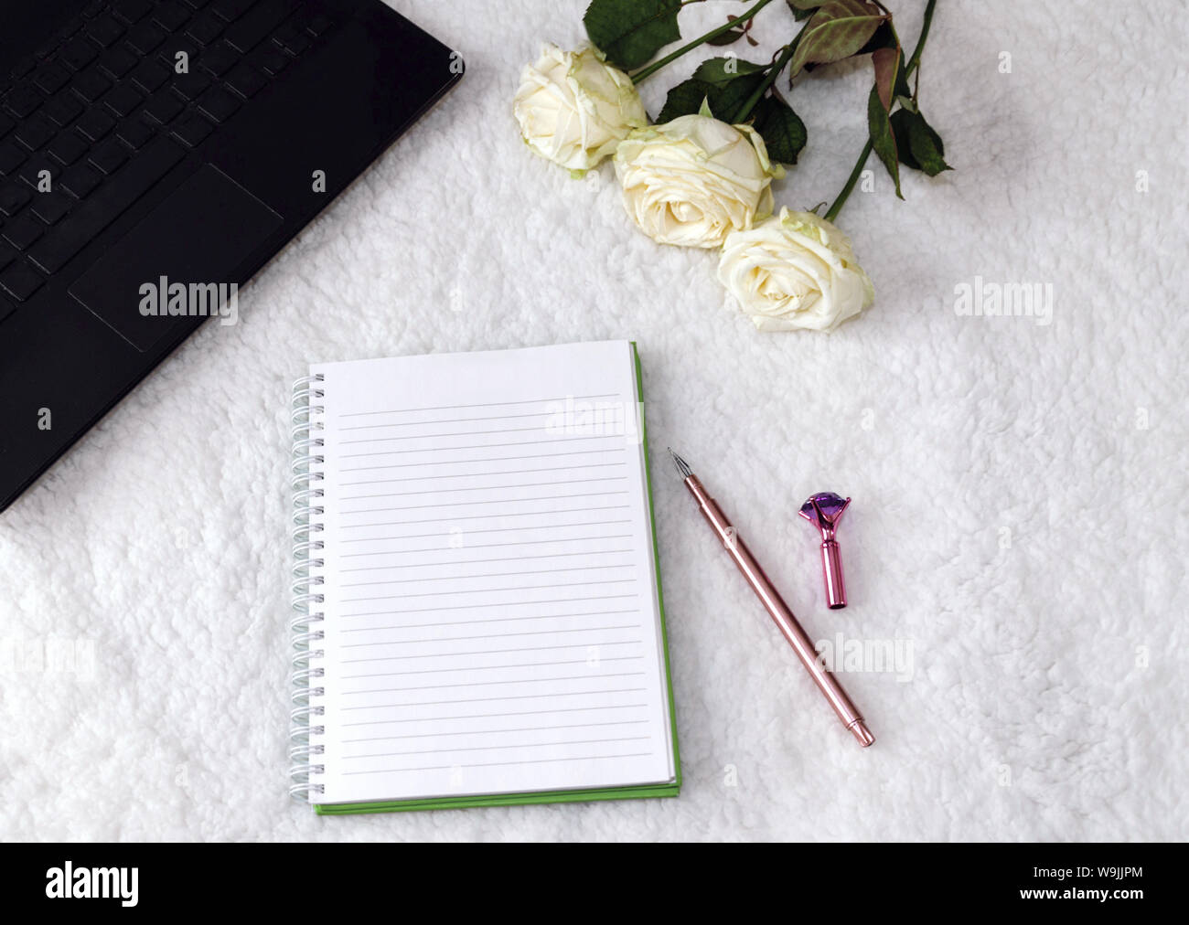 Notepad und schöne Pen auf hellem Hintergrund, weiße Rosen und ein Notebook, geeignet für Hintergrund und Schreiben. Stockfoto